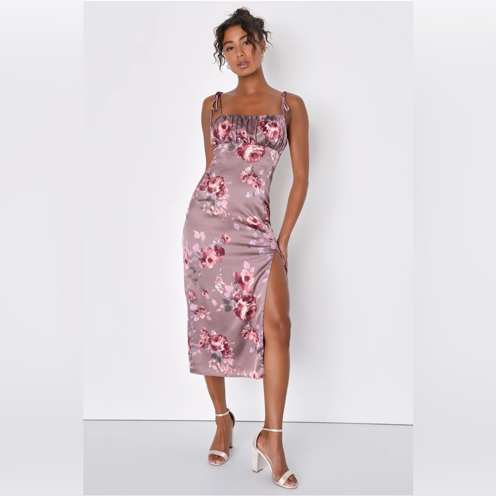 Lulus Floral Satin Midi Dress with Slit